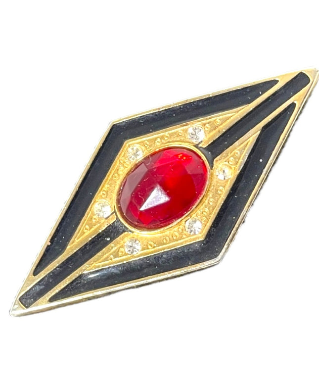 - Art Deco style gold finish black enamel ruby red crystal bar brooch