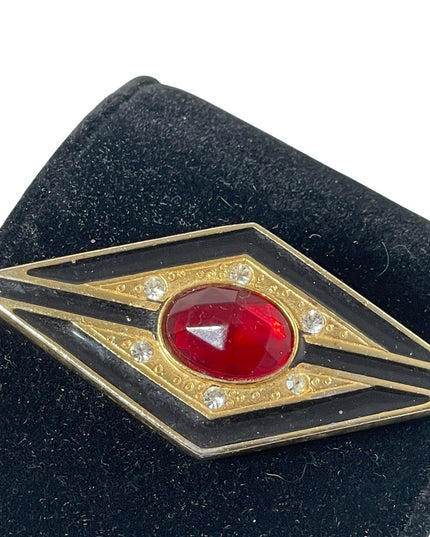 - Art Deco style gold finish black enamel ruby red crystal bar brooch