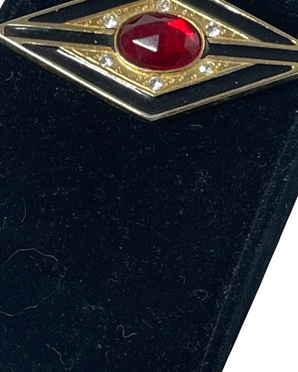- Art Deco style gold finish black enamel ruby red crystal bar brooch