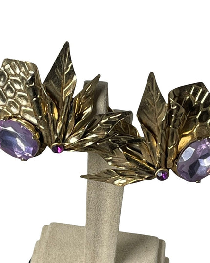 Art deco style vintage chunky large purple crystal design clip on earrin…