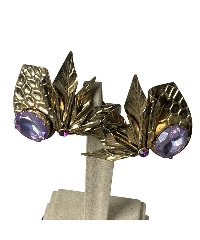 Art deco style vintage chunky large purple crystal design clip on earrin…