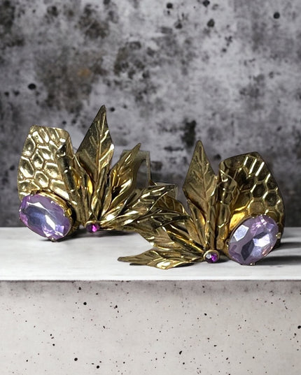 Art deco style vintage chunky large purple crystal design clip on earrin…