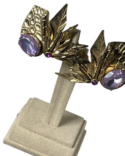 Art deco style vintage chunky large purple crystal design clip on earrin…