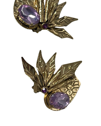 Art deco style vintage chunky large purple crystal design clip on earrin…