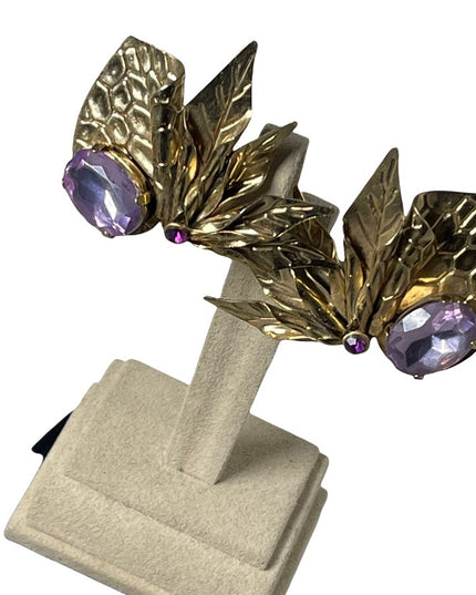 Art deco style vintage chunky large purple crystal design clip on earrin…