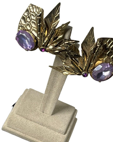Art deco style vintage chunky large purple crystal design clip on earrin…