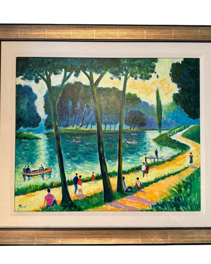 - Jean Claude Picot Signed gallery canvas Oil  painting Canotage Sur Le La…
