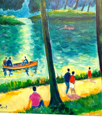 - Jean Claude Picot Signed gallery canvas Oil  painting Canotage Sur Le La…