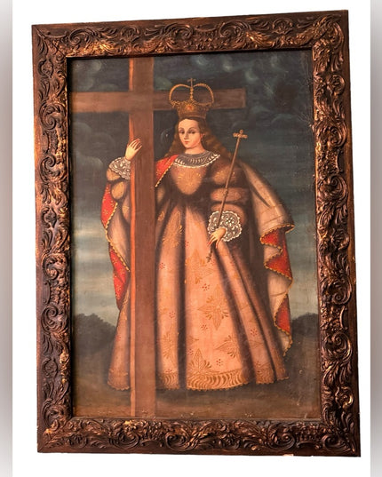 - Antique Cusco School Peru Canvas religious Oil painting 1800s Wood frame