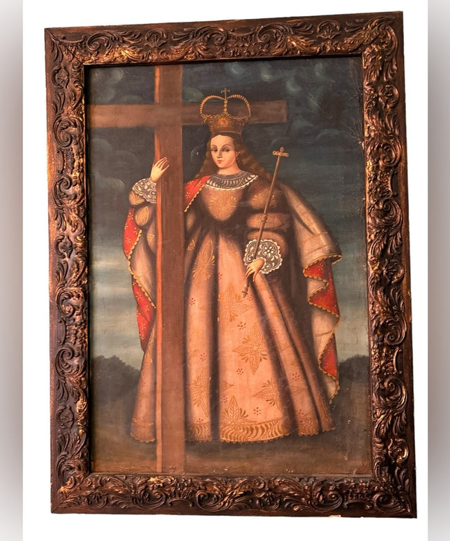 - Antique Cusco School Peru Canvas religious Oil painting 1800s Wood frame