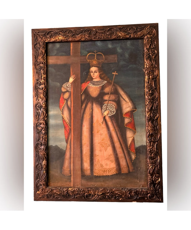 - Antique Cusco School Peru Canvas religious Oil painting 1800s Wood frame