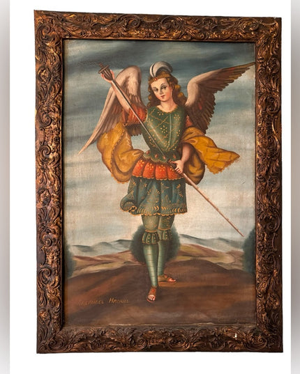 - Antique 1800s Archangel Hadriel Cusco School Peru canvas framed oil pain…