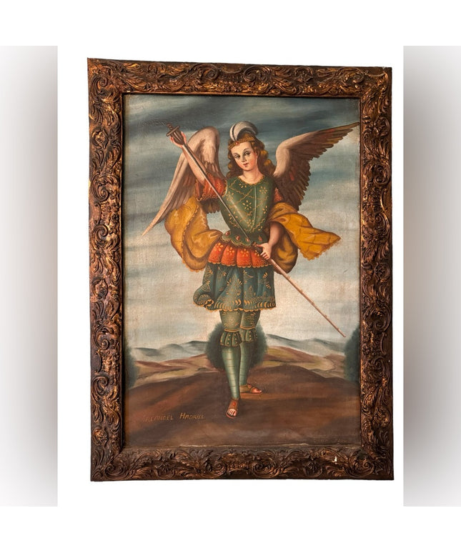 - Antique 1800s Archangel Hadriel Cusco School Peru canvas framed oil pain…