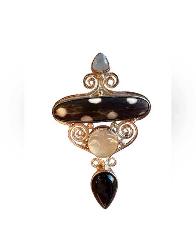 Vintage sterling silver 925 SAJEN goddess moonstone onyx pendantt brooch