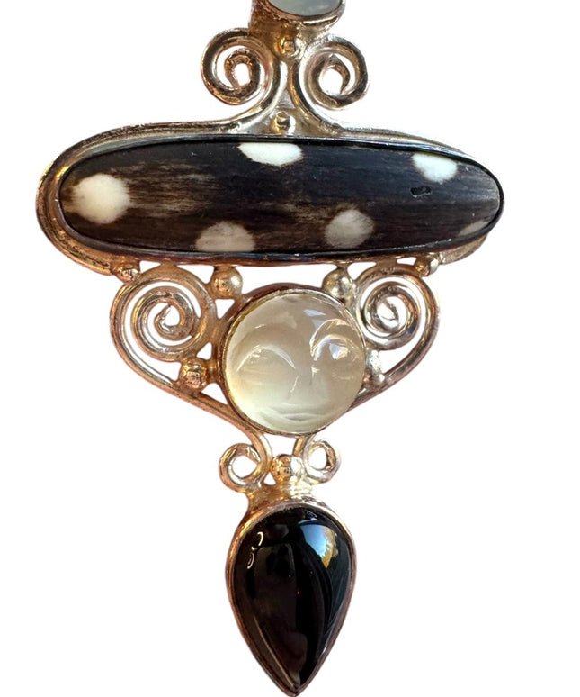 Vintage sterling silver 925 SAJEN goddess moonstone onyx pendantt brooch