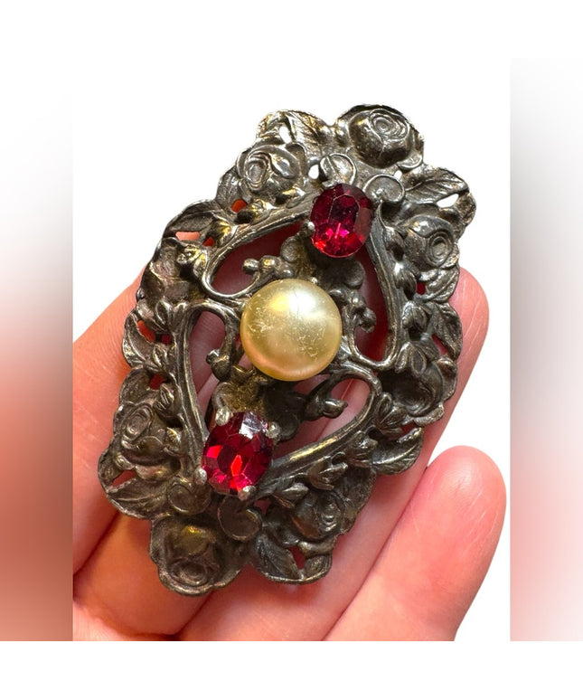 Antique large red crystal art nouveau floral Silvertone 1910 1920s brooch pin