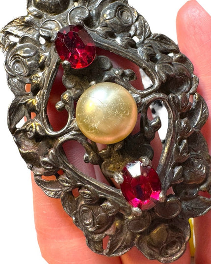 Antique large red crystal art nouveau floral Silvertone 1910 1920s brooch pin