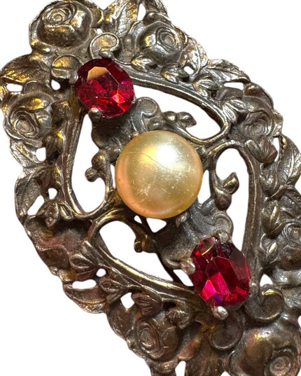 Antique large red crystal art nouveau floral Silvertone 1910 1920s brooch pin
