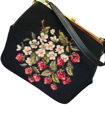 Vintagee 1950s Strawberry floral Flower green needlepoint purse gold hardware