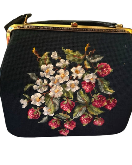 Vintagee 1950s Strawberry floral Flower green needlepoint purse gold hardware