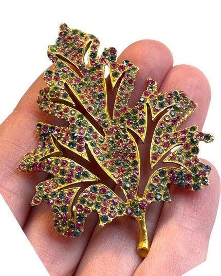 Vintage Large 1950’s Rhinestone Leaf Brooch, Pink & Turquoise Stones