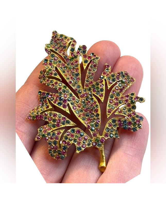 Vintage Large 1950’s Rhinestone Leaf Brooch, Pink & Turquoise Stones