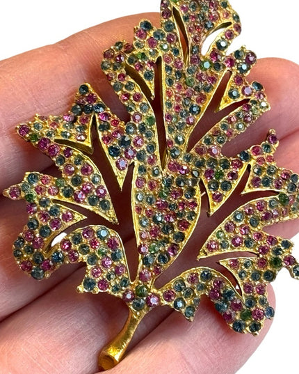 Vintage Large 1950’s Rhinestone Leaf Brooch, Pink & Turquoise Stones