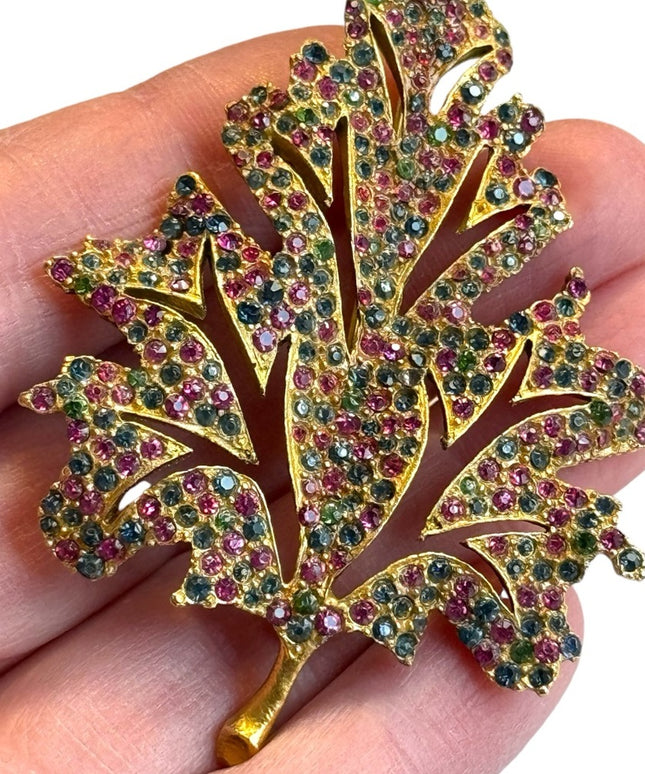 Vintage Large 1950’s Rhinestone Leaf Brooch, Pink & Turquoise Stones