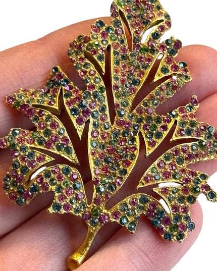 Vintage Large 1950’s Rhinestone Leaf Brooch, Pink & Turquoise Stones