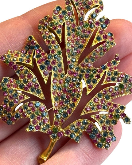 Vintage Large 1950’s Rhinestone Leaf Brooch, Pink & Turquoise Stones