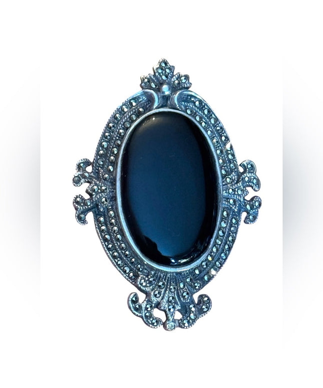 Large lovely vintage black onyx marcasite magestic art deco style brooch