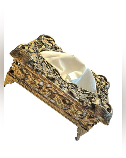 Mini Tissue Box Cover, Brass Filigree, footed, Mid Century, 1960s flowers