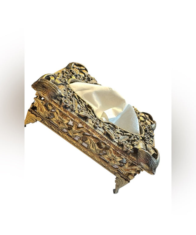 Mini Tissue Box Cover, Brass Filigree, footed, Mid Century, 1960s flowers