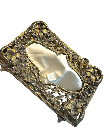 Mini Tissue Box Cover, Brass Filigree, footed, Mid Century, 1960s flowers