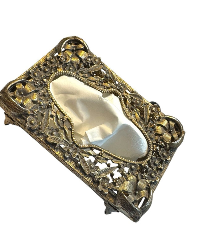 Mini Tissue Box Cover, Brass Filigree, footed, Mid Century, 1960s flowers