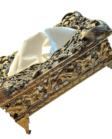 Mini Tissue Box Cover, Brass Filigree, footed, Mid Century, 1960s flowers