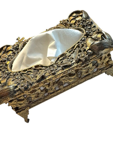 Mini Tissue Box Cover, Brass Filigree, footed, Mid Century, 1960s flowers