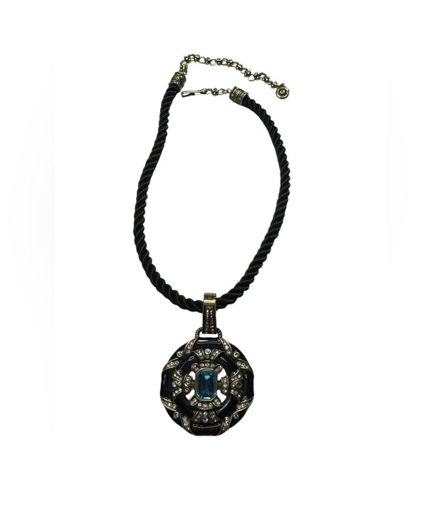Heidi Daus Newport Chic Black Enamel Blue Crystal Pendant Enhancer Cord Necklace