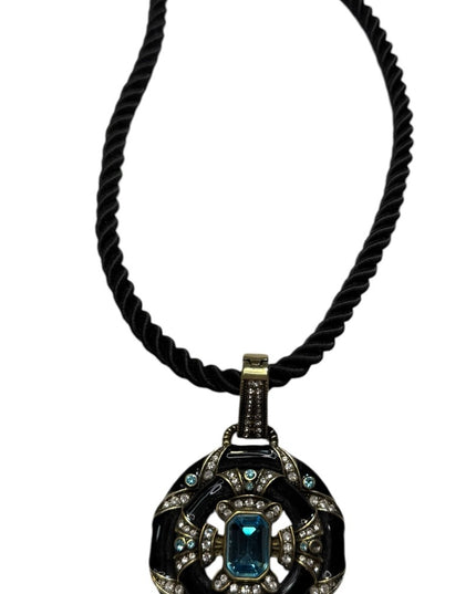 Heidi Daus Newport Chic Black Enamel Blue Crystal Pendant Enhancer Cord Necklace