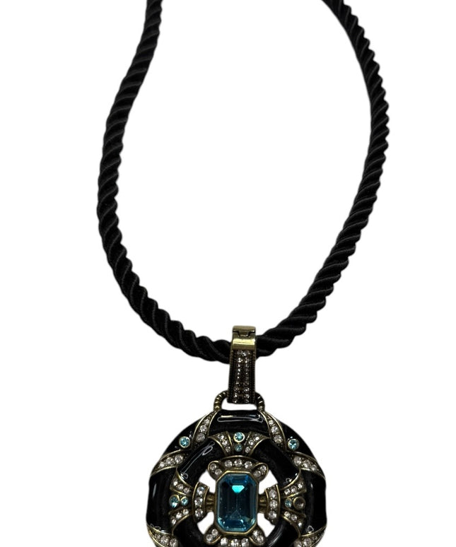 Heidi Daus Newport Chic Black Enamel Blue Crystal Pendant Enhancer Cord Necklace