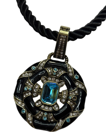 Heidi Daus Newport Chic Black Enamel Blue Crystal Pendant Enhancer Cord Necklace