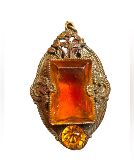 Antique Czech Gilded Filgree Citrine glass pendant art deco