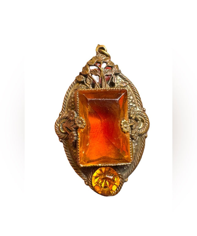 Antique Czech Gilded Filgree Citrine glass pendant art deco
