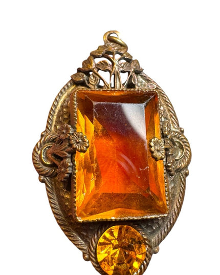 Antique Czech Gilded Filgree Citrine glass pendant art deco