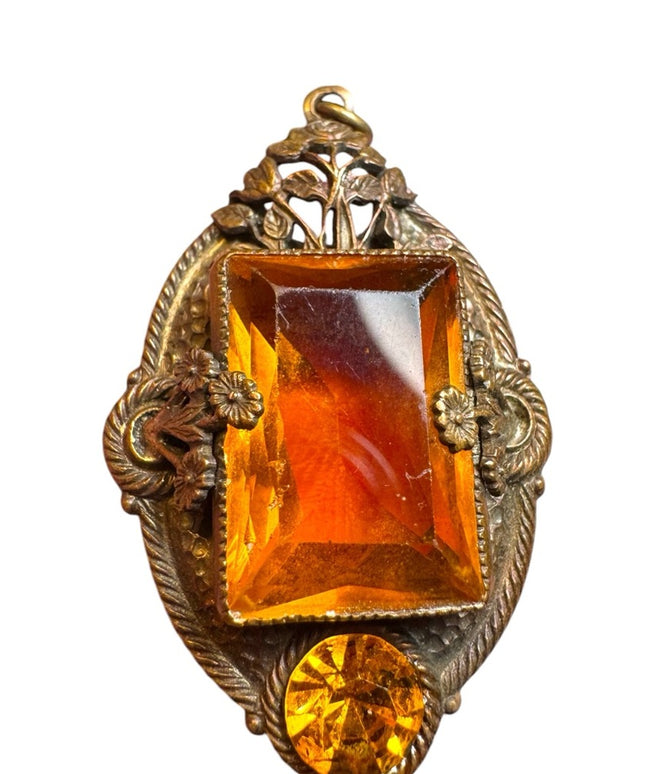 Antique Czech Gilded Filgree Citrine glass pendant art deco