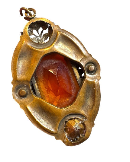 Antique Czech Gilded Filgree Citrine glass pendant art deco