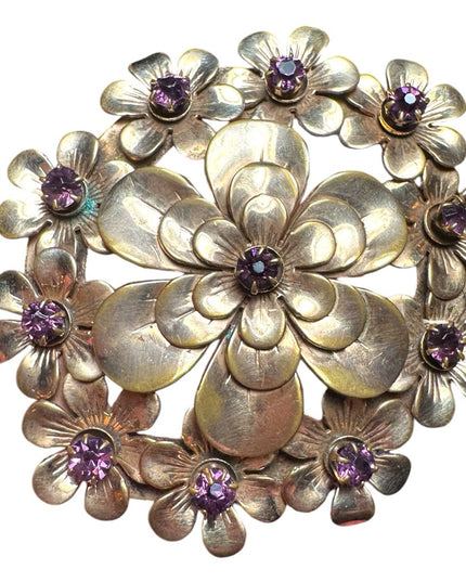 Vintage Kandell & Marcus NY LG rose gold floral flower purple crystals brooch