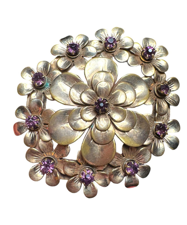 Vintage Kandell & Marcus NY LG rose gold floral flower purple crystals brooch