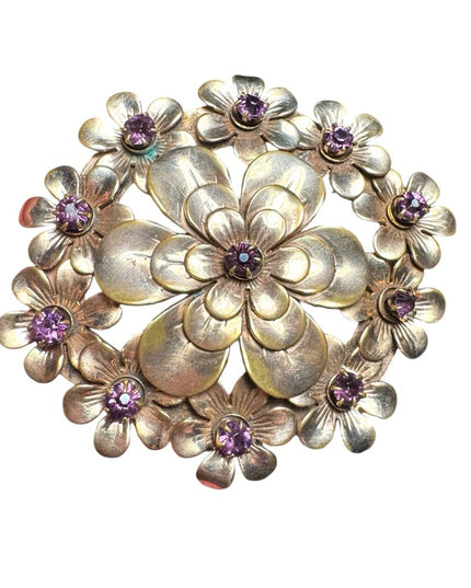 Vintage Kandell & Marcus NY LG rose gold floral flower purple crystals brooch