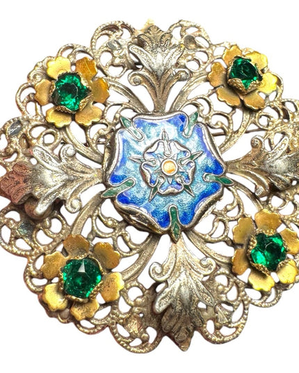 Large antique enameled flower floral crystal round brooch silver finish
